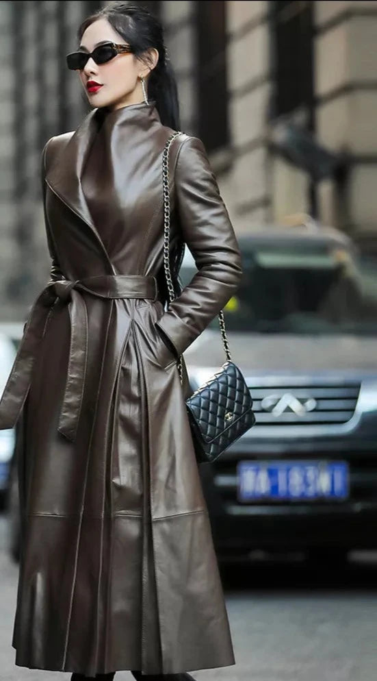 Nerazzurri Autumn Long Brown Black Soft Faux Leather Trench Coat for Women Belt Skirted Elegant Luxury Fashion